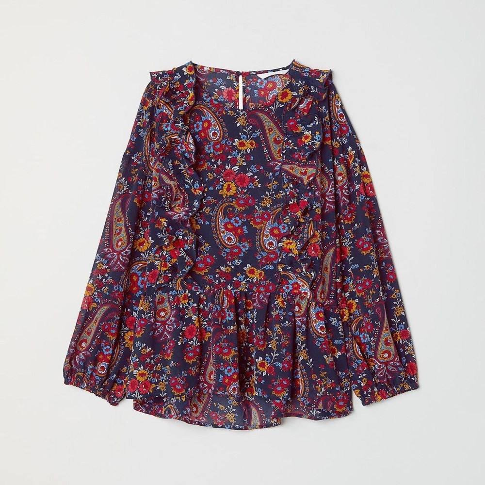H&M Navy Floral Peplum Blouse – Size 4